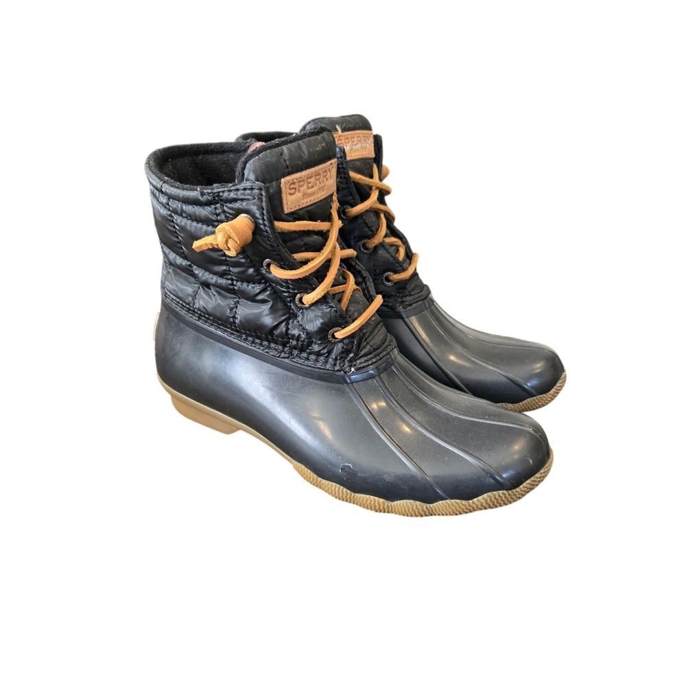 Sperry‎ Saltwater Waterproof Quilted Duck Boots Black Tan Womens 7.5 Rain Boots
